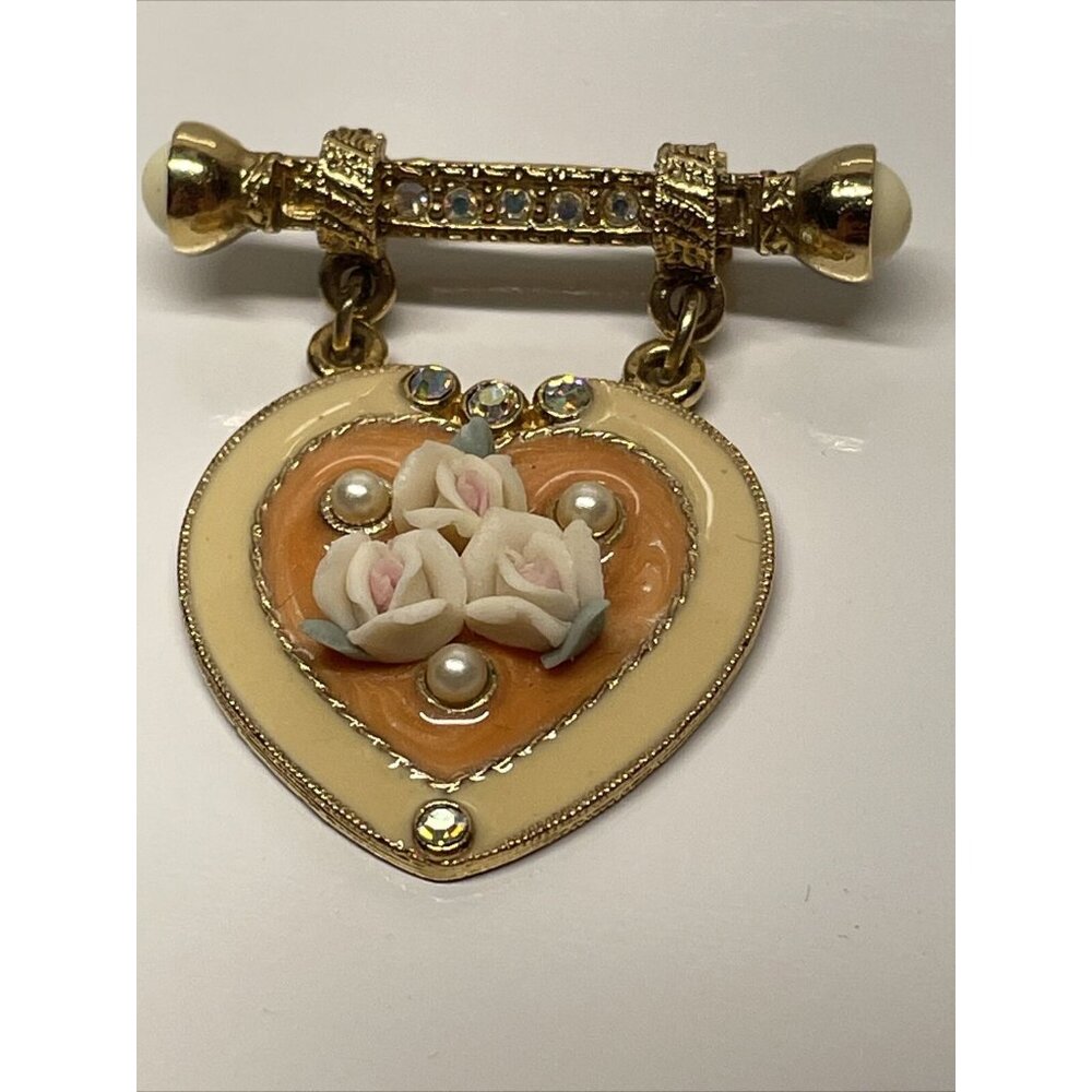 Gold Tone Enamel Porcelain Roses Rhinestone Brooch Pin Bar Dangle Heart 1928?